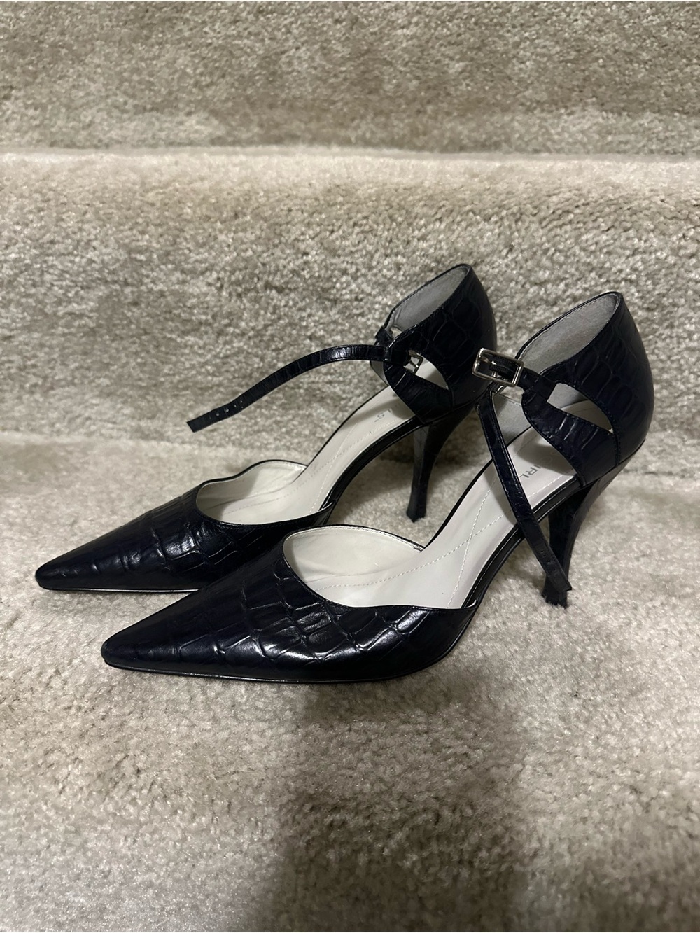 BCBGirls Black Croc-Embossed Pointed Toe Ankle-Strap Pumps